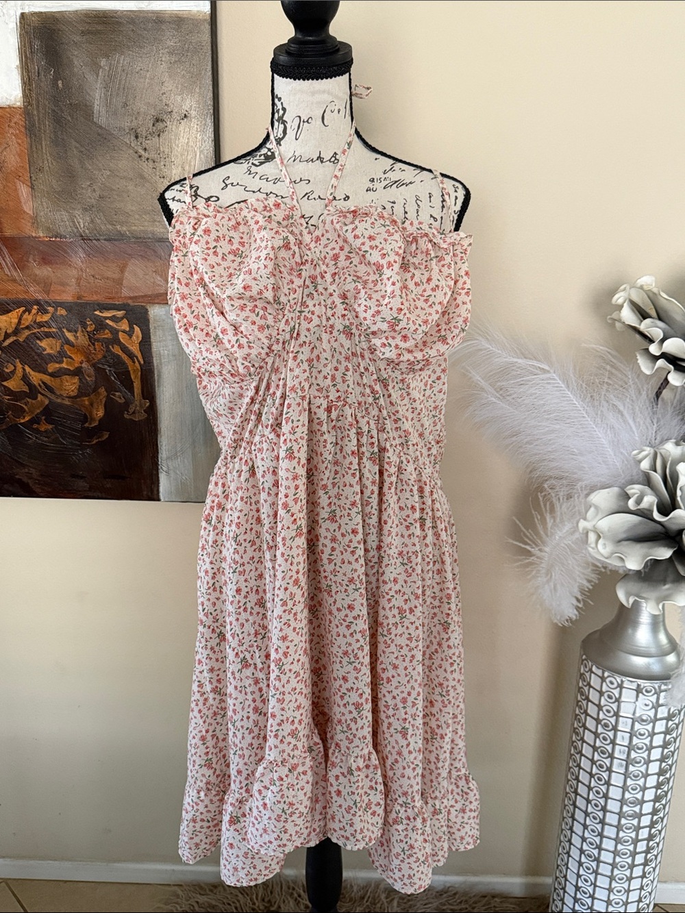 SHEIN Pink Floral Midi Dress with Ruffle Hem